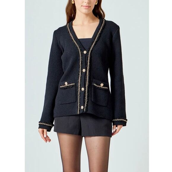 Endless Rose Sweaters - Endless Rose Cardigan Womens Size Small NWT Chain Trim Black Gold Sweater Blazer